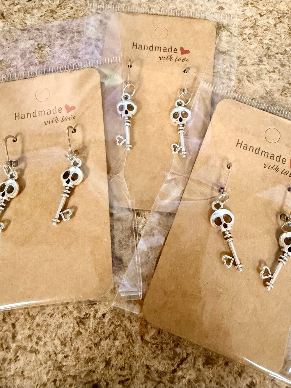 Handmade Silver Key Skull Dangle Earrings